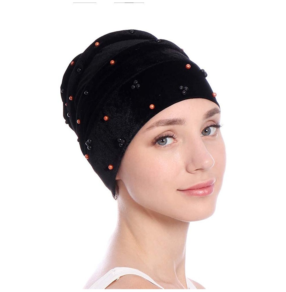 Skullies & Beanies Women Hearwear Velvet Hat Muslim Ruffle Cancer Chemo Beanie Wrap Cap - Black - C618I3KXNKU