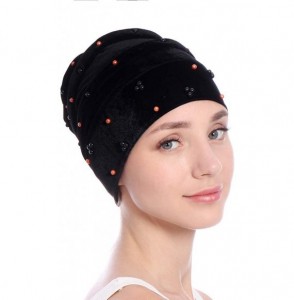 Skullies & Beanies Women Hearwear Velvet Hat Muslim Ruffle Cancer Chemo Beanie Wrap Cap - Black - C618I3KXNKU