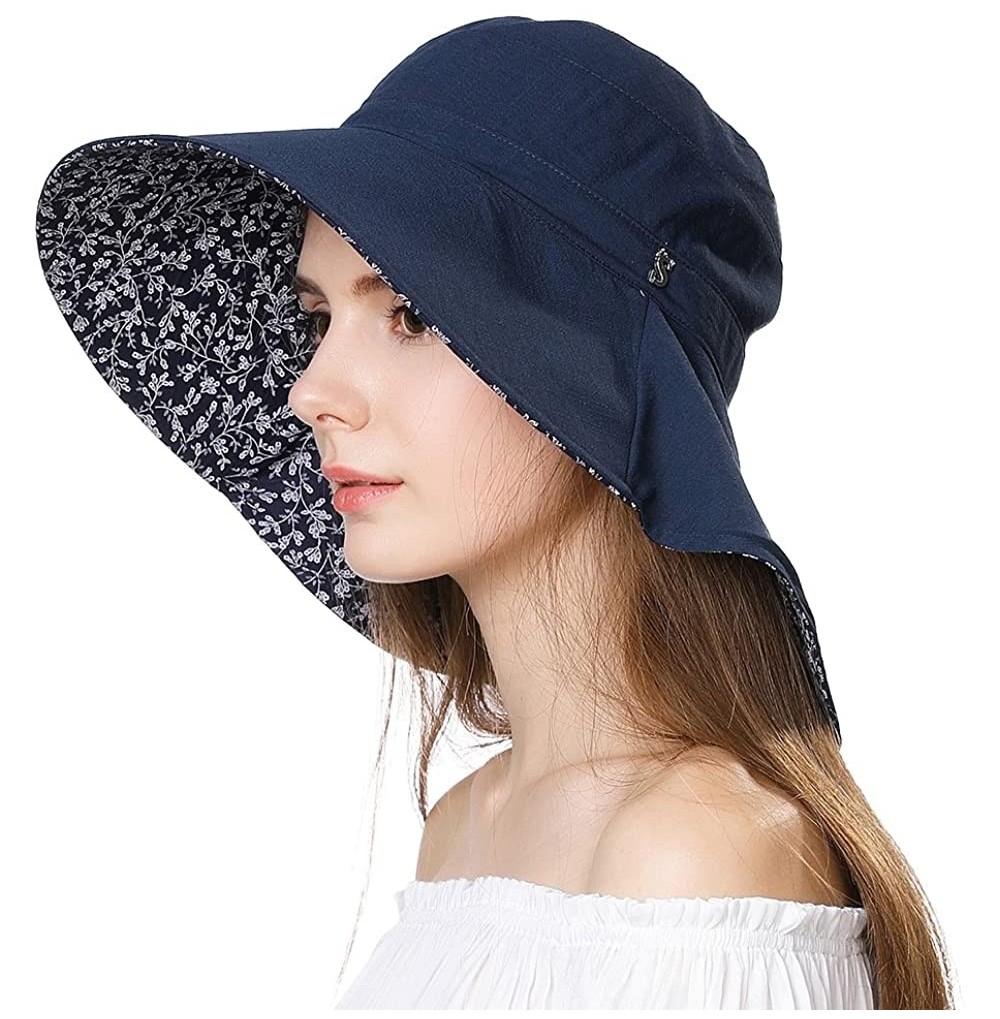 Sun Hats UV Protection Summer Sun Hat Women Packable Cotton Ponytail Chin Strap 55-59CM - 99057_navyblue - CU18DQSQQTG