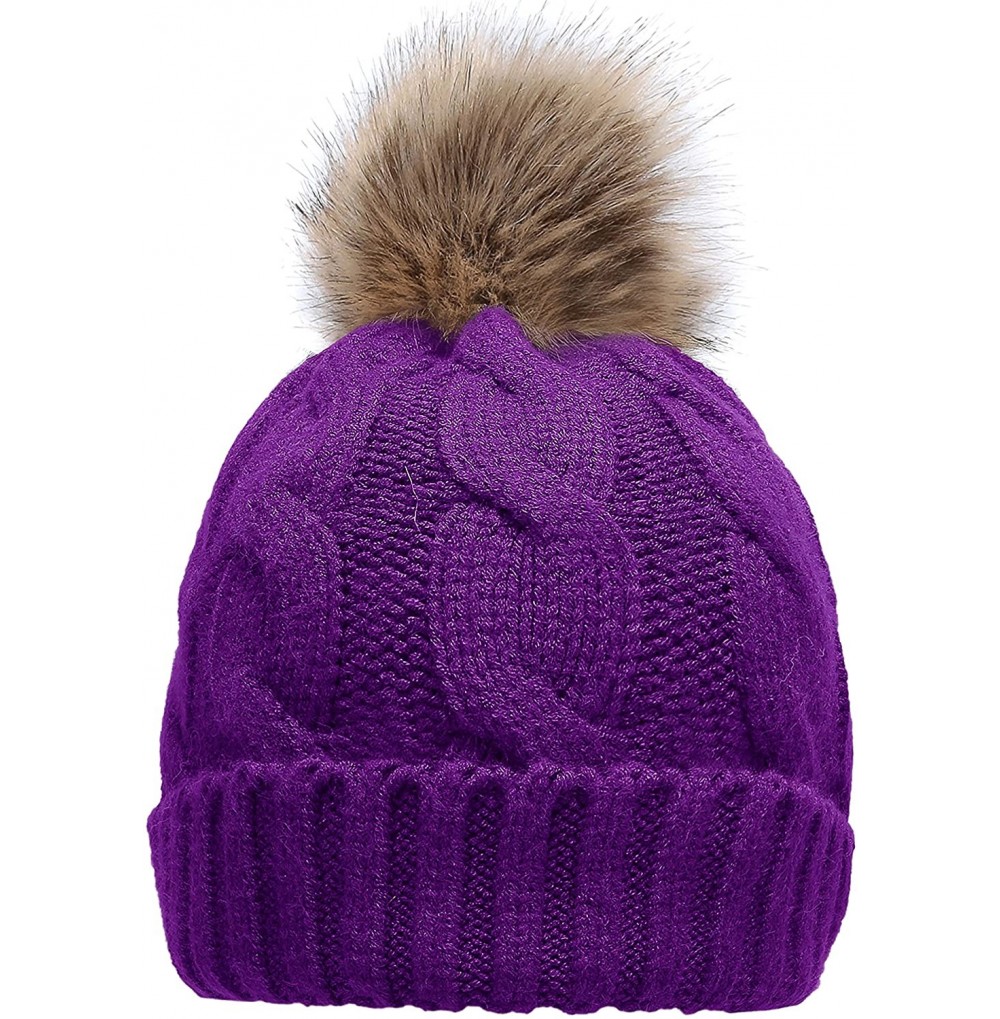 Skullies & Beanies Women's Winter Ribbed Knit Faux Fur Pompoms Chunky Lined Beanie Hats - A Twist Purple - CK184RQ540L