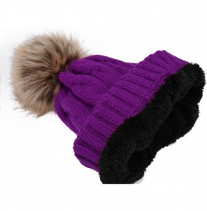 Skullies & Beanies Women's Winter Ribbed Knit Faux Fur Pompoms Chunky Lined Beanie Hats - A Twist Purple - CK184RQ540L