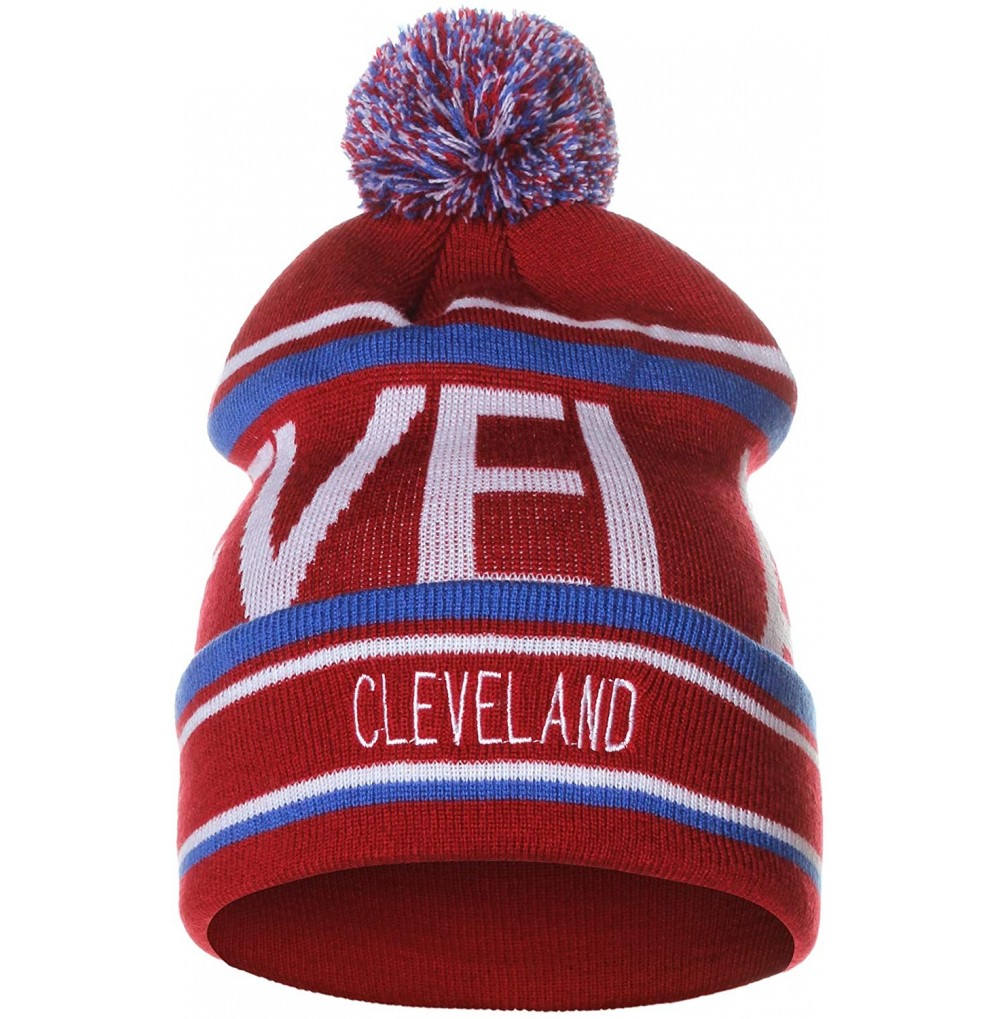 Skullies & Beanies Unisex USA Cities Fashion Large Letters Pom Pom Knit Hat Beanie - Cleveland Burgundy - CO12N5RZISC