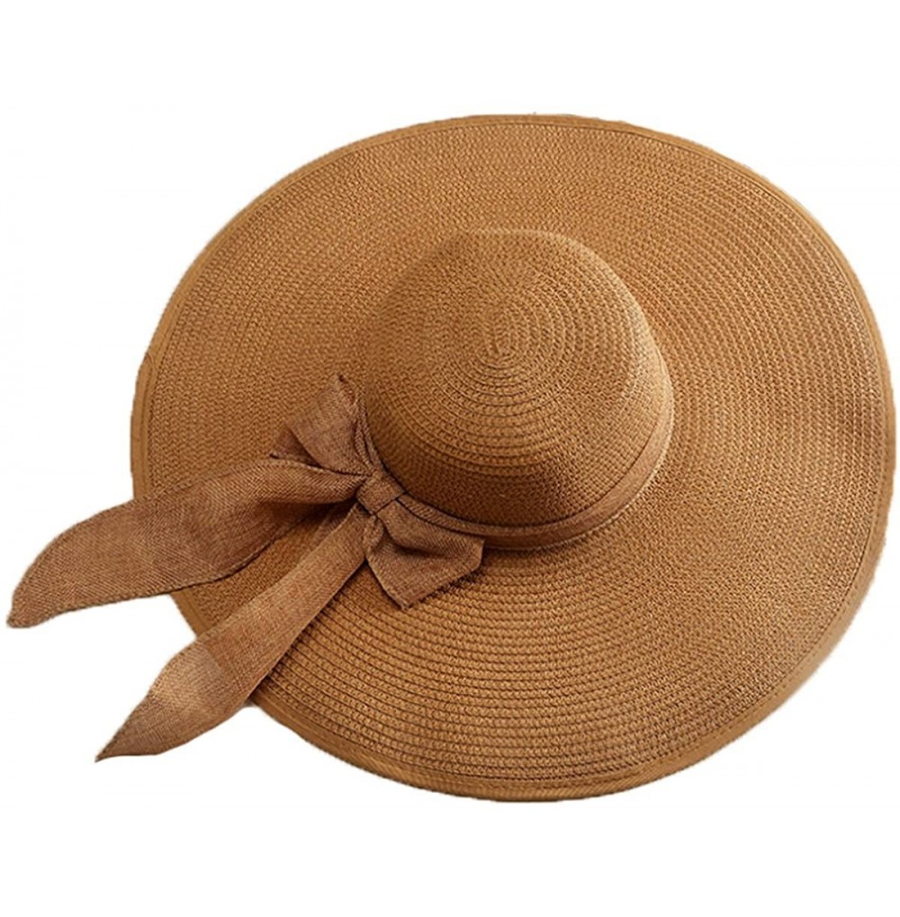 Sun Hats Womens Beach Hat Striped Straw Sun Hat Floppy Big Brim Hat - Brown With Bow - CF18ENLW4T5