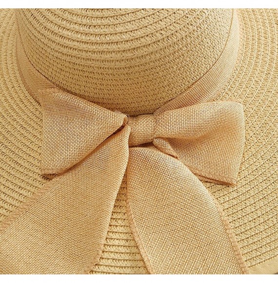 Sun Hats Womens Beach Hat Striped Straw Sun Hat Floppy Big Brim Hat - Brown With Bow - CF18ENLW4T5
