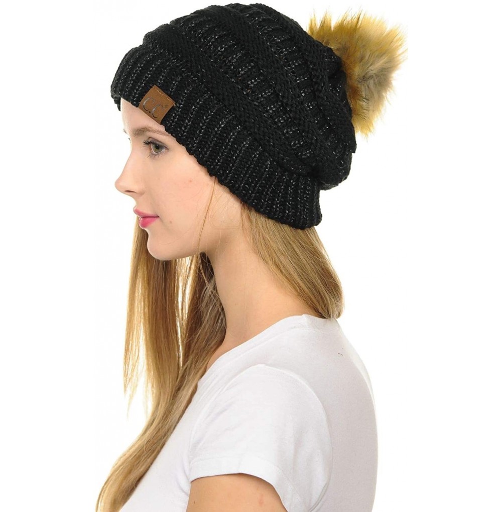 Skullies & Beanies Hat-43 Thick Warm Cap Hat Skully Faux Fur Pom Pom Cable Knit Beanie - Metallic Black - CV18X7SWQMD