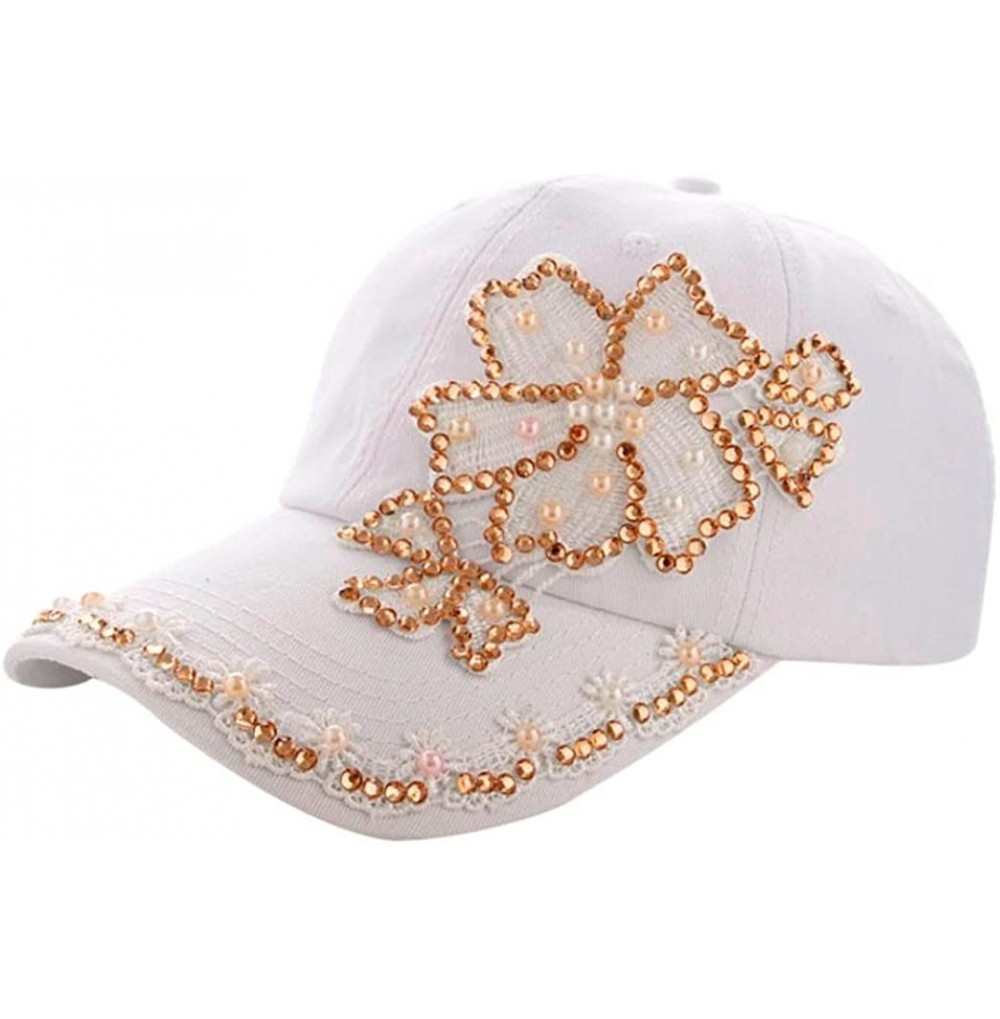 Baseball Caps Women Lace Denim Rhinestone Baseball Cap Floral Snapback Flat Hat - White - C91832N6844