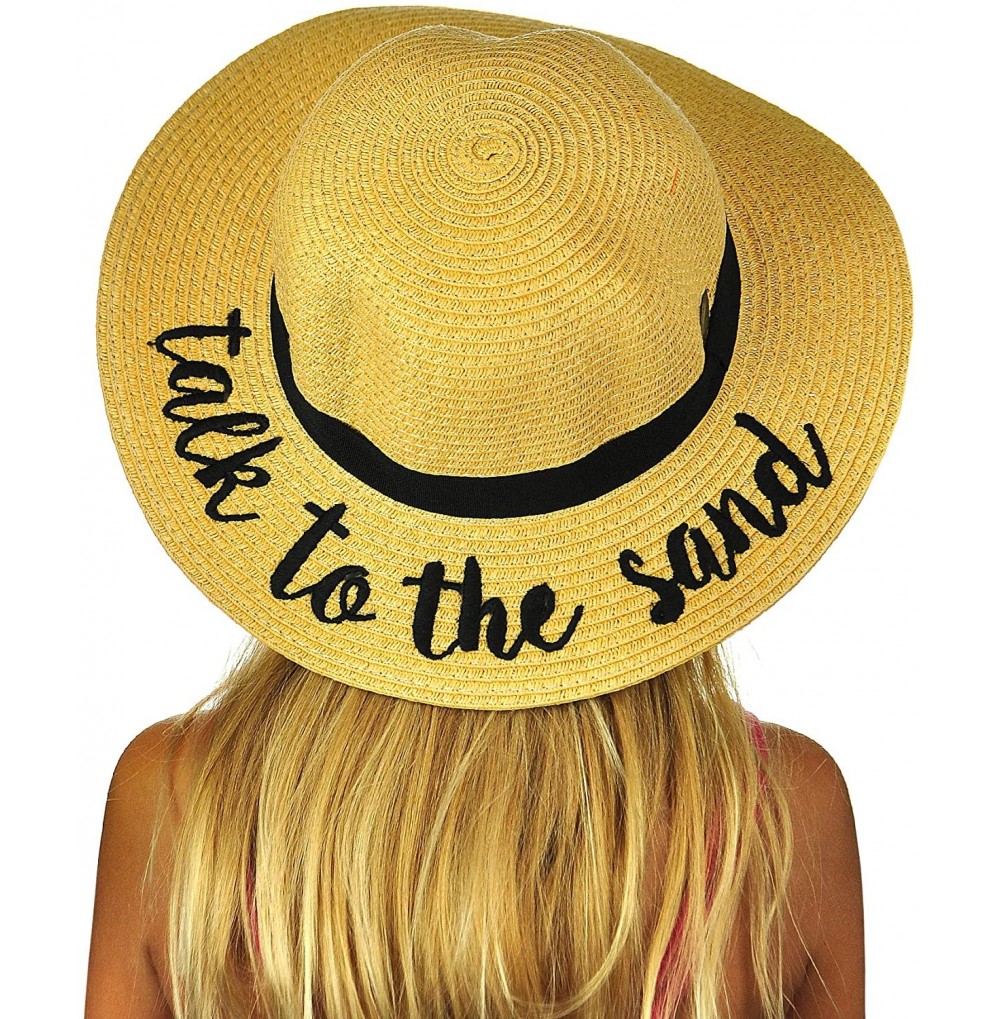 Sun Hats Children's Weaved Crushable Beach Embroidered Quote Flop Brim Sun Hat - Talk to the Sand - CI18E6N6KIW