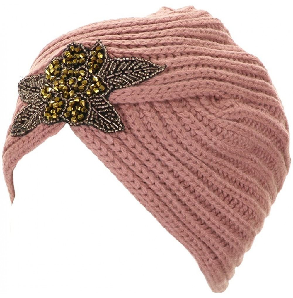 Skullies & Beanies Women's Knit Crystal Bead Decorated Ribbed Turban - Dusty Rose - C511QP9B22R