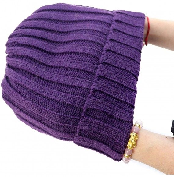 Skullies & Beanies Women Cable Knit Beanie Raccoon Fur Fuzzy Pompom Chunky Winter Stretch Skull Cap Cuff Hat - 21dark Purple ...