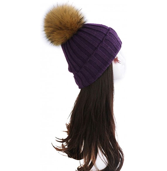 Skullies & Beanies Women Cable Knit Beanie Raccoon Fur Fuzzy Pompom Chunky Winter Stretch Skull Cap Cuff Hat - 21dark Purple ...