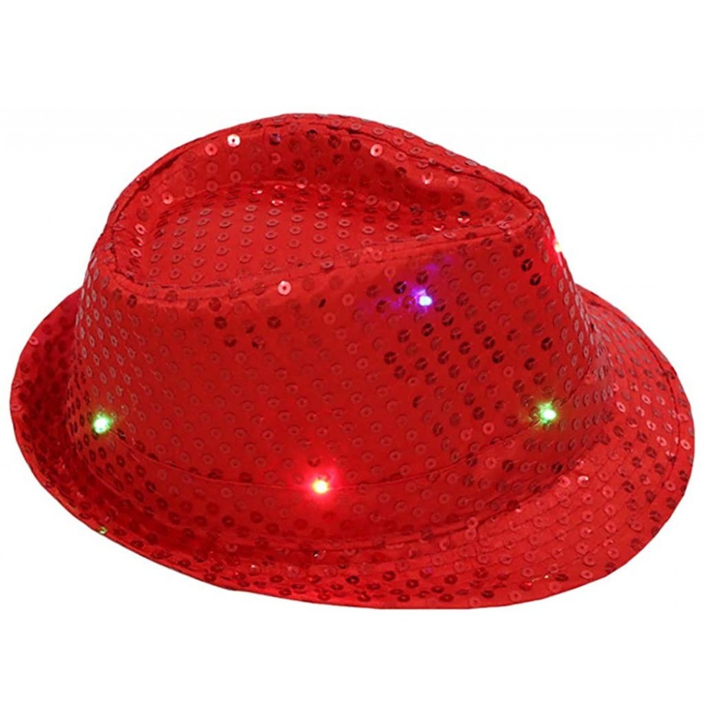 Fedoras Unisex Light Up Led Fedora Cap Colorful Sequin Fancy Dress Dance Party Women Men Hat - Red - CL18N070LEW