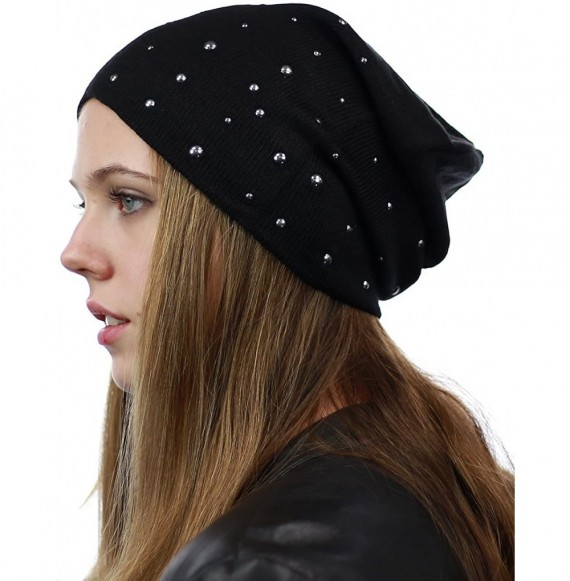 Skullies & Beanies Unisex Comfort & Warm Knit Studded Slouchy Beanie Hat - Black - C812HTOVKW3