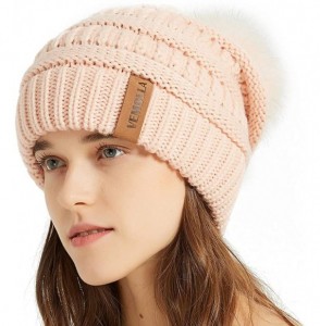 Skullies & Beanies Womens Winter Knit Slouchy Beanie Chunky Hats Bobble Hat Ski Cap with Faux Fur Pompom - Indi Pink - C518YS...