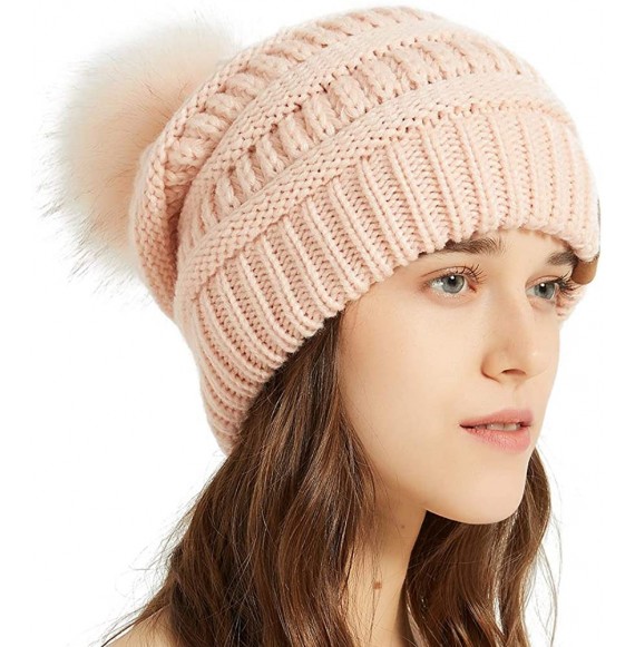 Skullies & Beanies Womens Winter Knit Slouchy Beanie Chunky Hats Bobble Hat Ski Cap with Faux Fur Pompom - Indi Pink - C518YS...
