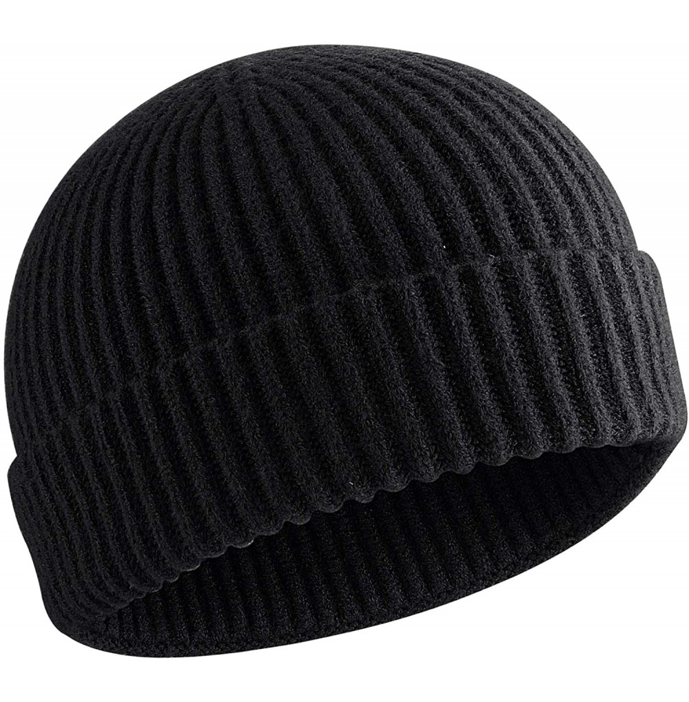 Skullies & Beanies 50% Wool Short Knit Fisherman Beanie for Men Women Winter Cuffed Hats - 1black - C918Z35E9OR