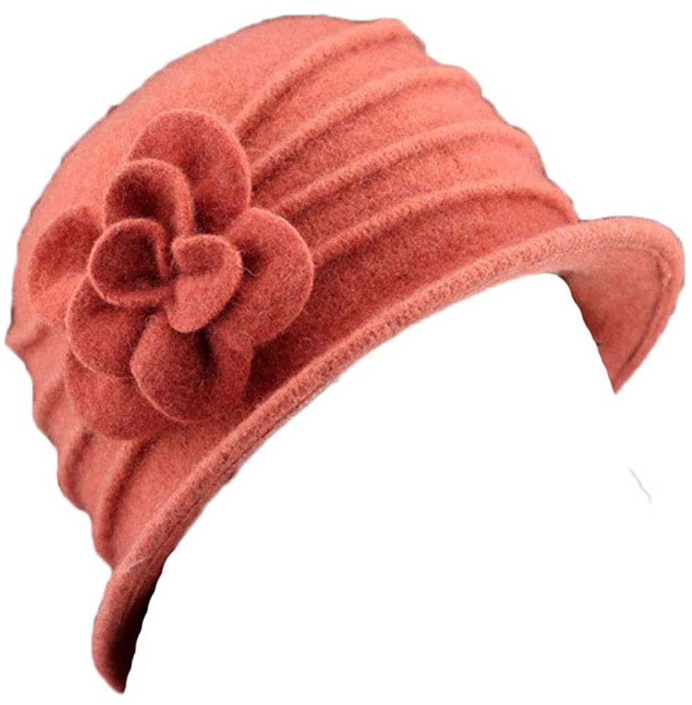 Fedoras Women 100% Wool Solid Color Round Top Cloche Beret Cap Flower Fedora Hat - 3 Orange - CG186WZ2L0T