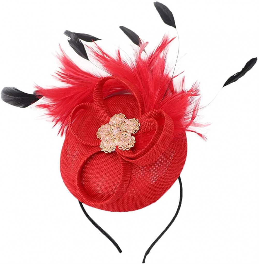 Berets Womens Fascinator Hat Sinamay Pillbox Flower Feather Tea Party Derby Wedding Headwear - Z Red - CM195MZ2Q2Q