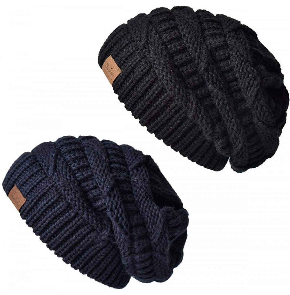 Skullies & Beanies Womens Slouchy Beanie-Trendy Chunky Cable Knit Beanie-Oversized Winter Hats for Women - Black&navy - CE18A...