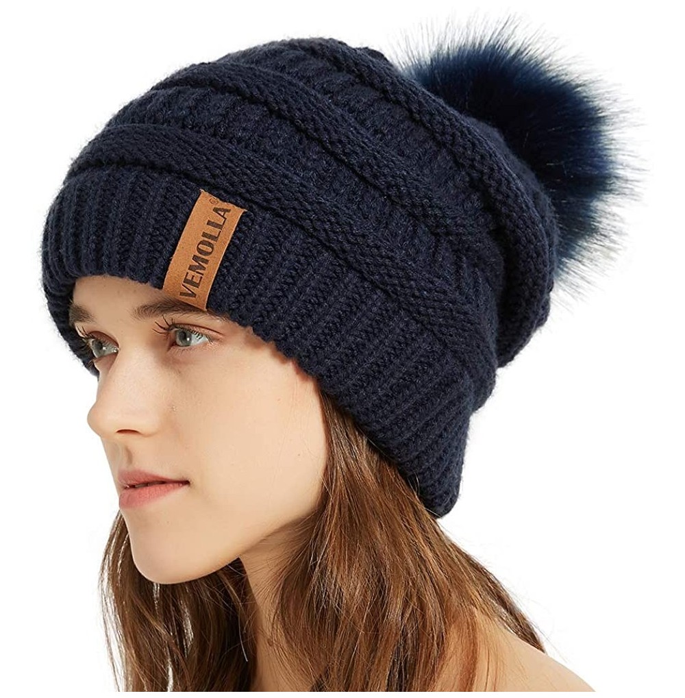 Skullies & Beanies Womens Winter Knit Slouchy Beanie Chunky Hats Bobble Hat Ski Cap with Faux Fur Pompom - Navy - CQ18YMD0Q23