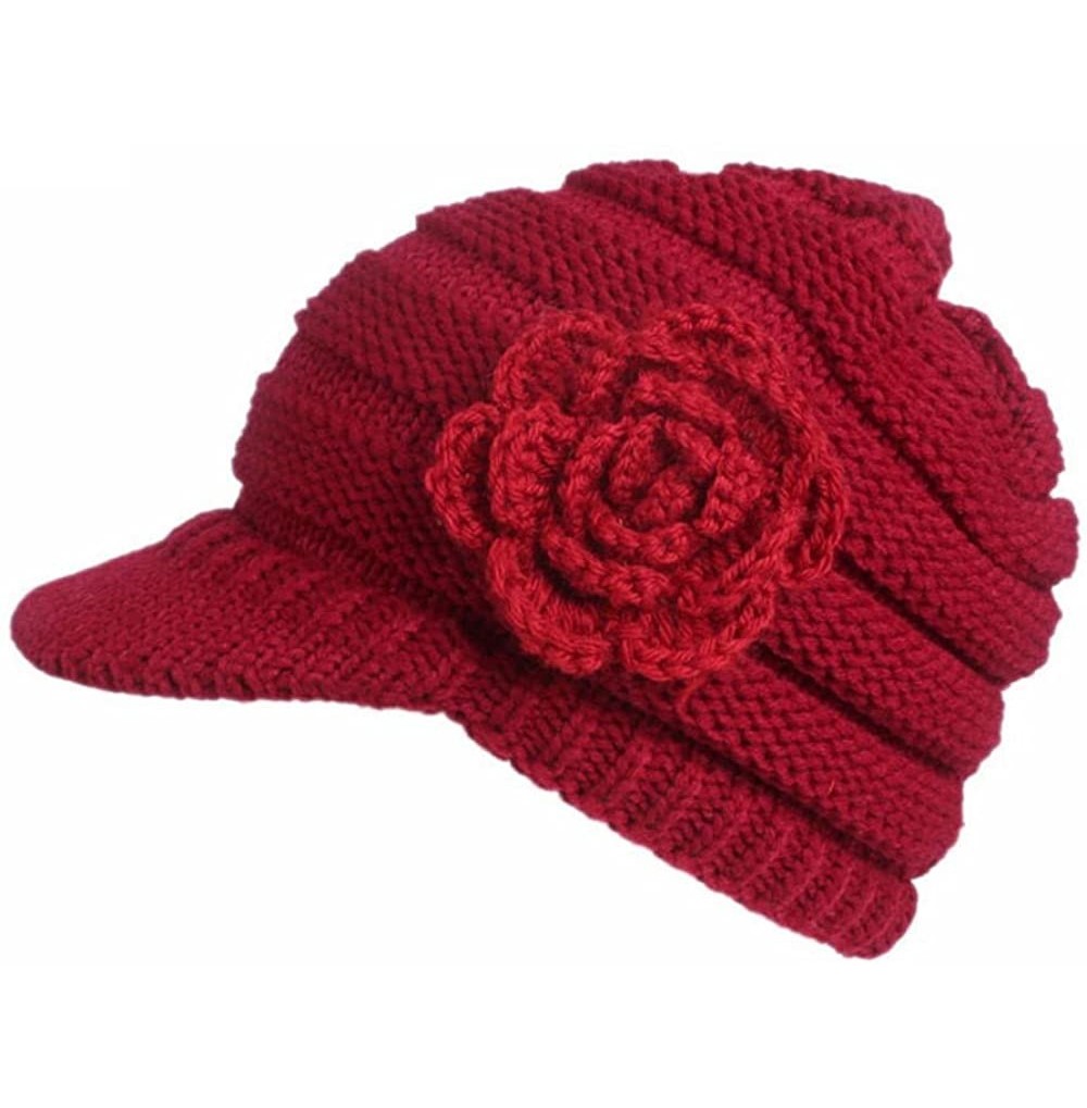Skullies & Beanies Womens Hats Winter- Womens Winter Warm Floral Knitted Crochet Beanie Slouchy Wool Hat With Visor - Red - C...