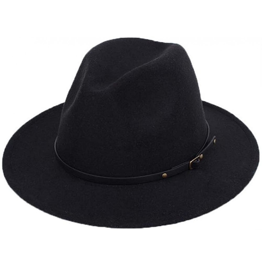 Fedoras 1PCS Wool Blend Fedora Hat with Belt Buckle Brim Hat Derby Cap Jazz Hat(Khaki) - Black - CU18ZTC9ZAH