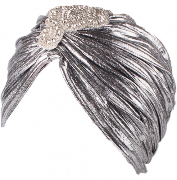 Skullies & Beanies Shiny Turban Hat Headwraps Twist Pleated Hair Wrap Stretch Turban - Silver Crystal - C918Y50O8N7