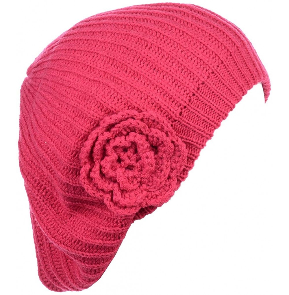 Berets Womens Fall Winter Ribbed Knit Beret Double Layers with Flower - Fuschia - CV18U8A0O0L