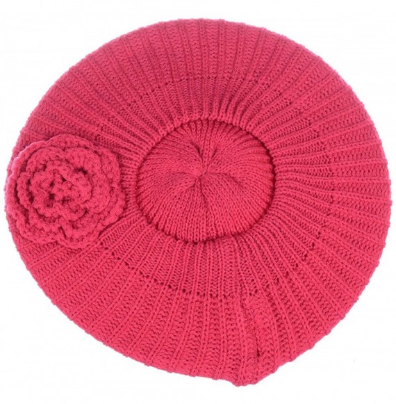 Berets Womens Fall Winter Ribbed Knit Beret Double Layers with Flower - Fuschia - CV18U8A0O0L