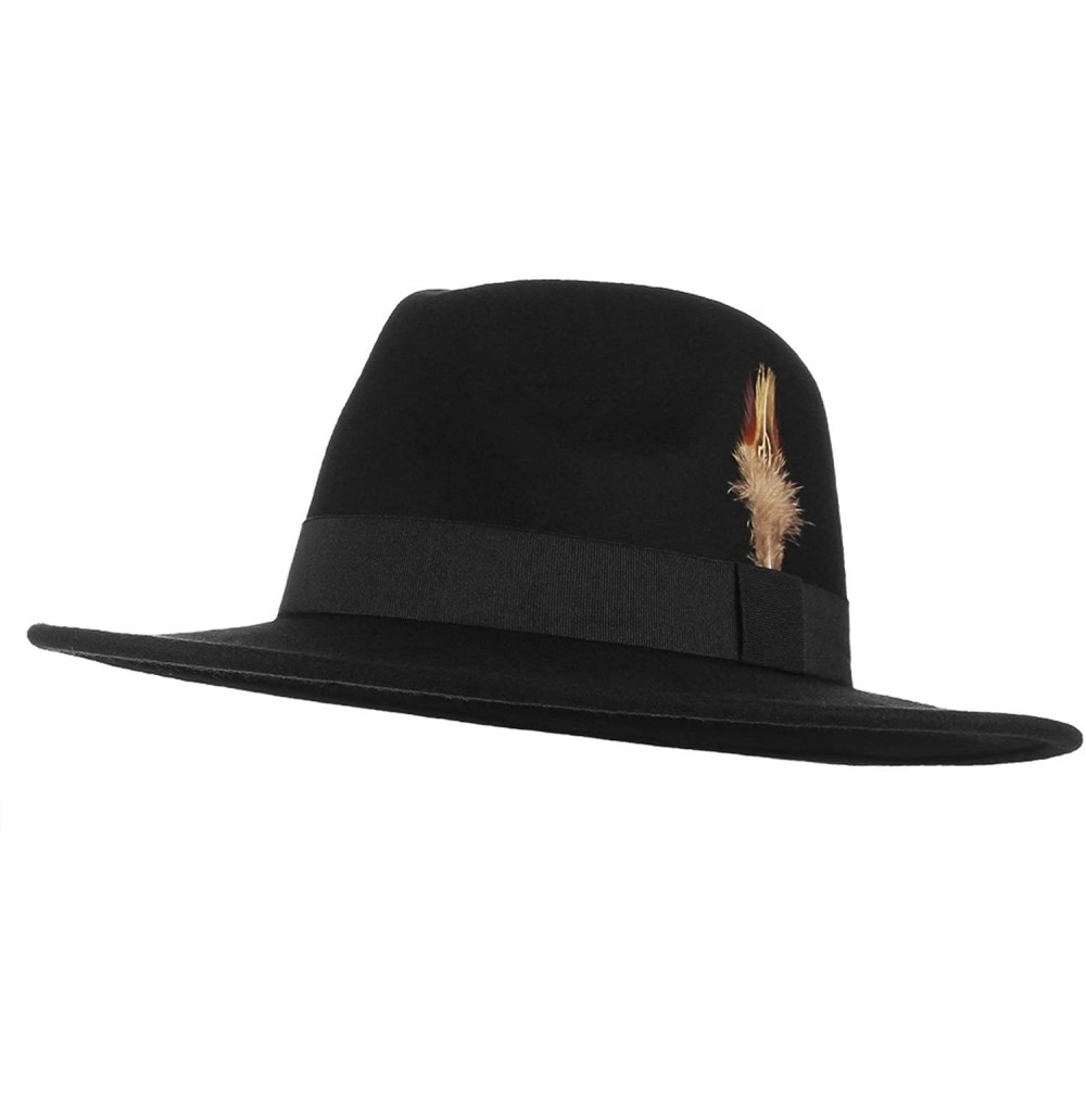 Fedoras Men's Wool Trillby Felt Fedora Hat with Hat Band Removable Feather - Black - CB18EGZSI4X